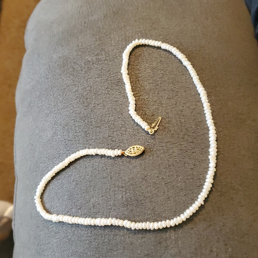 14K Gold Filigree Clasp Freshwater Rice Pearl Necklace 17” | Hand Knotted - Picture 3 of 5